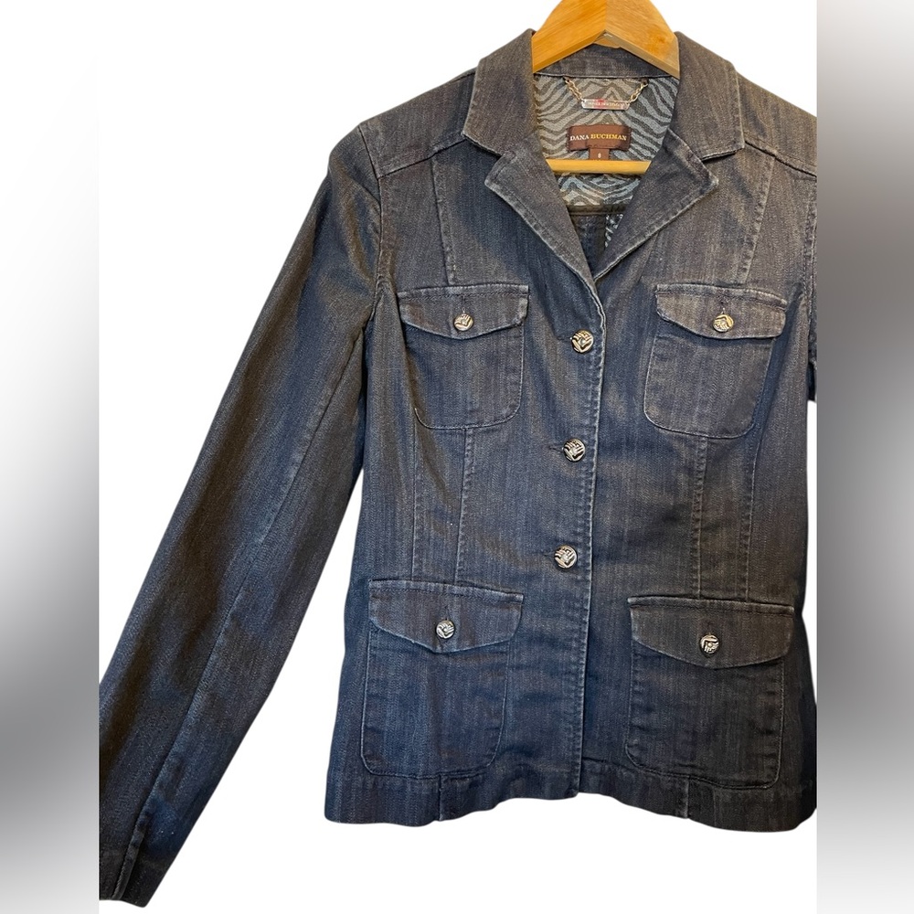 DANA BUCHMAN Dark Blue Button Front Lapel 4-Pocket Denim Jean Jacket - Size 8 - Picture 4 of 16